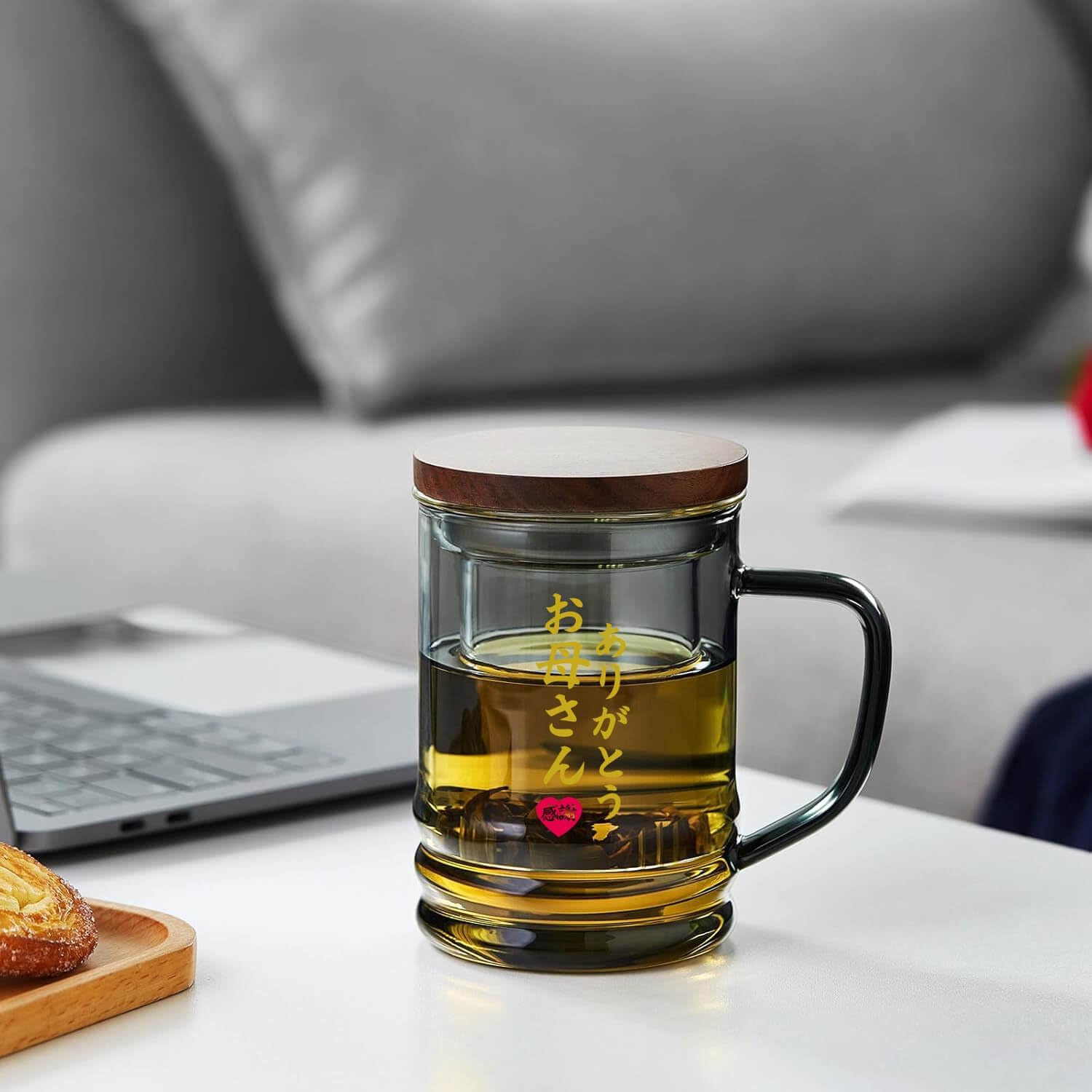 Pocaroty Heat-Resistant Glass Tea Mug – 430ml with Infuser &amp; Wooden Lid