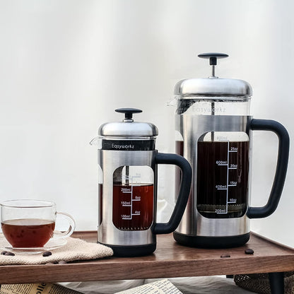 Easyworkz French Press Coffee &amp; Tea Maker – Stainless Steel Frame, Heat-Resistant Glass, Soft Grip Handle, 350ml (3 Cups), Silver