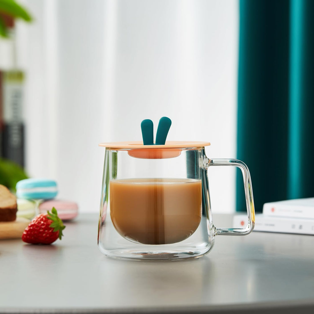 Pokaroty Pink Rabbit Ears Double Wall Glass Mug – 360ml Heat-Resistant Cup with Airtight Lid