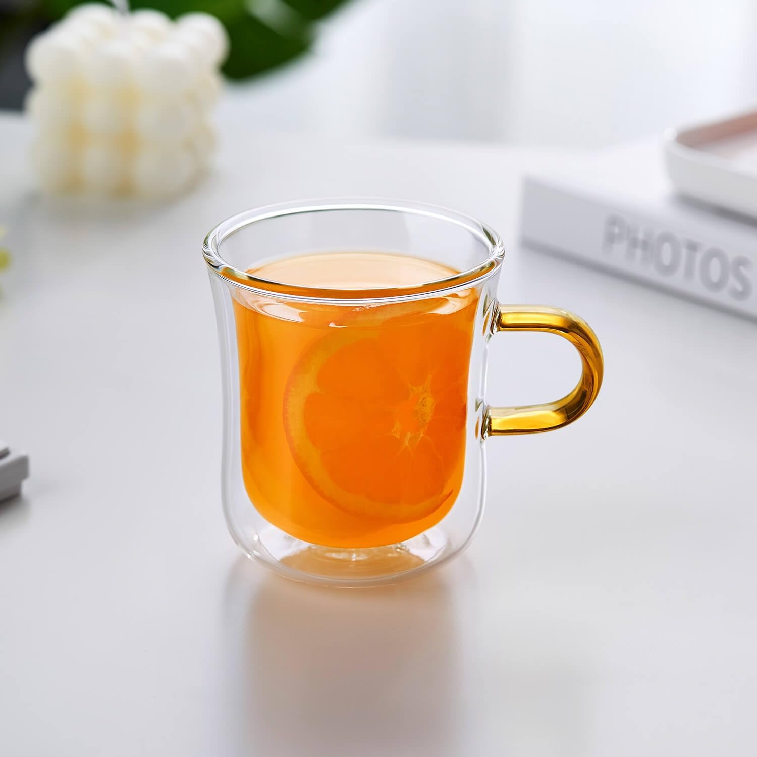 Pocarati Double Wall Glass Mug – 270ml Heat-Resistant Coffee &amp; Tea Cup with Amber Handle