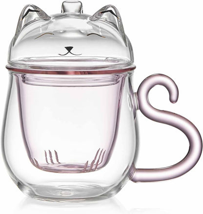 Pocarati Cat Heat-Resistant Glass Tea Mug – 486ml Pink Cute Cup with Lid