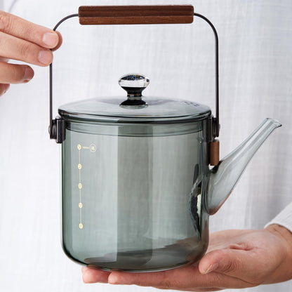 Heat-Resistant Glass Teapot 1100ml – Ink Design, Wooden Handle, Direct Fire Safe, Stylish Craft Tea Kettle
