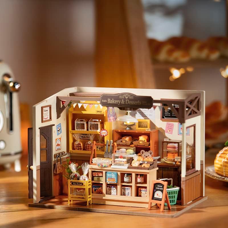 Rolife Becca’s Baking House Miniature Kit | DIY Wooden Bakery Dollhouse with LED Craft Puzzle