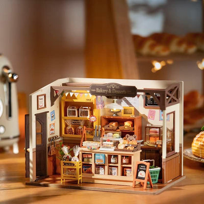 Rolife Becca’s Baking House Miniature Kit | DIY Wooden Bakery Dollhouse with LED Craft Puzzle