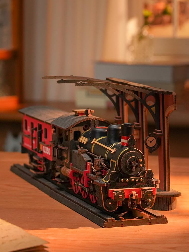 ROBOTIME TGS01 Steam Locomotive 3D Wooden Puzzle – DIY Mechanical Train Model Kit, Educational Craft for Kids &amp; Adults