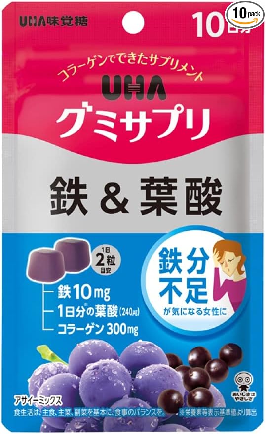 UHA Gummy Supplement, Iron &amp; Folic Acid, Acai Mix Flavor, Standalone Pouch,