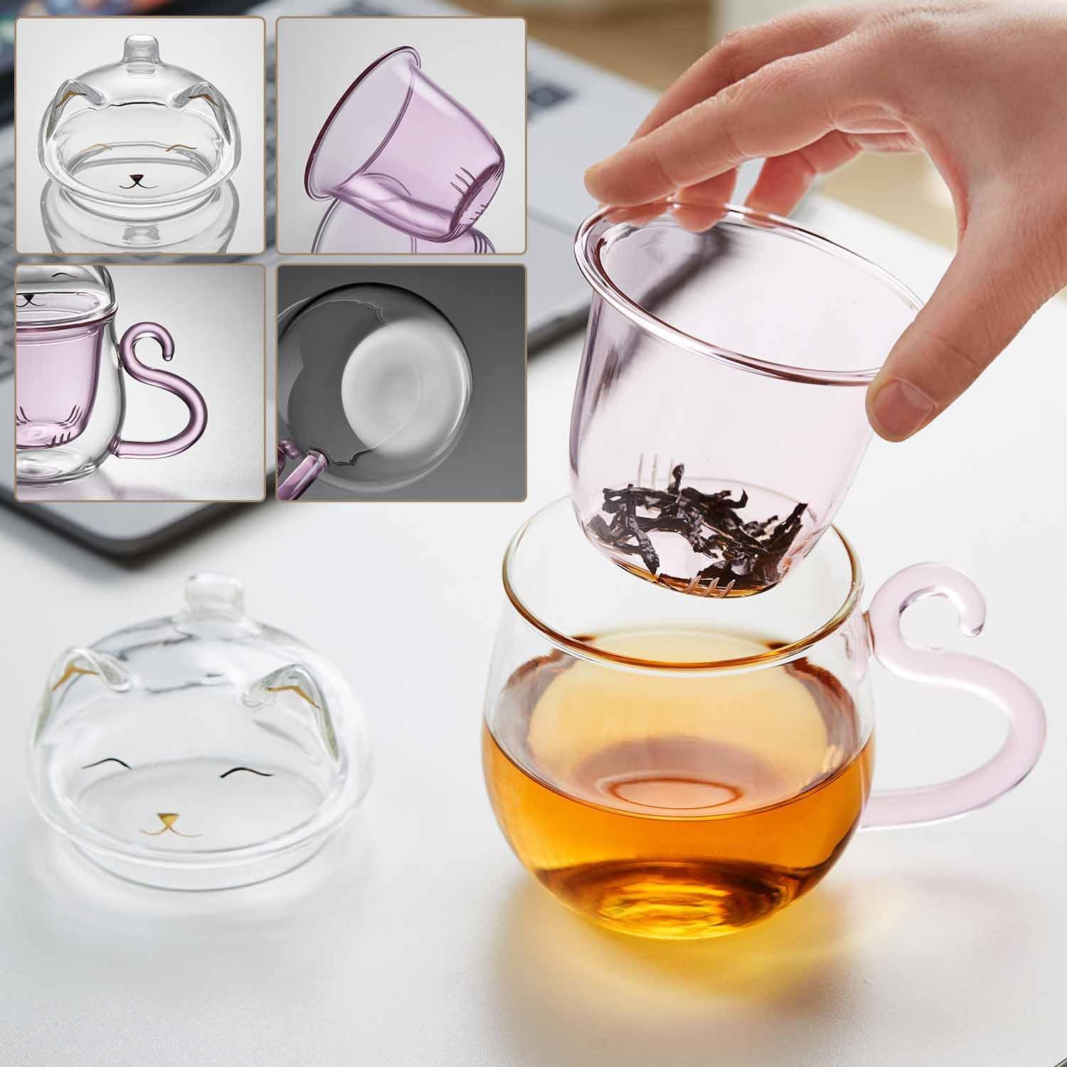 Pocarati Cat Heat-Resistant Glass Tea Mug – 486ml Pink Cute Cup with Lid