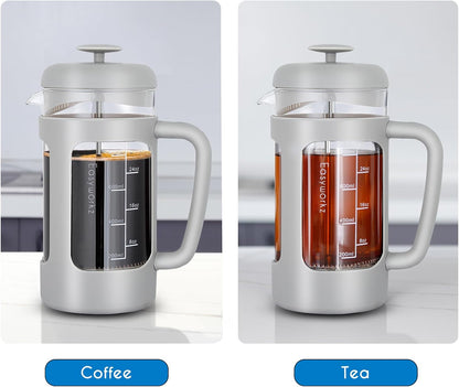 Easyworkz French Press Coffee &amp; Tea Maker – Heat-Resistant Glass, Soft Grip Handle, 1000ml (8 Cups), Light Grey