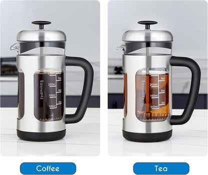 Easyworkz French Press Coffee &amp; Tea Maker – Stainless Steel Frame, Heat-Resistant Glass, Soft Grip Handle, 350ml (3 Cups), Silver