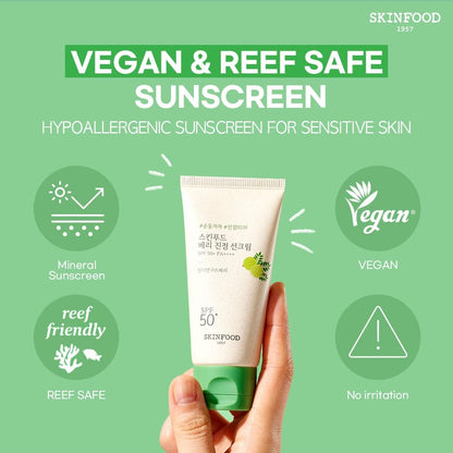 SKINFOOD Calming Sunscreen SPF50+ PA+++ – Hypoallergenic UV Protection &amp; Moisturizing Sunscreen (50ml)
