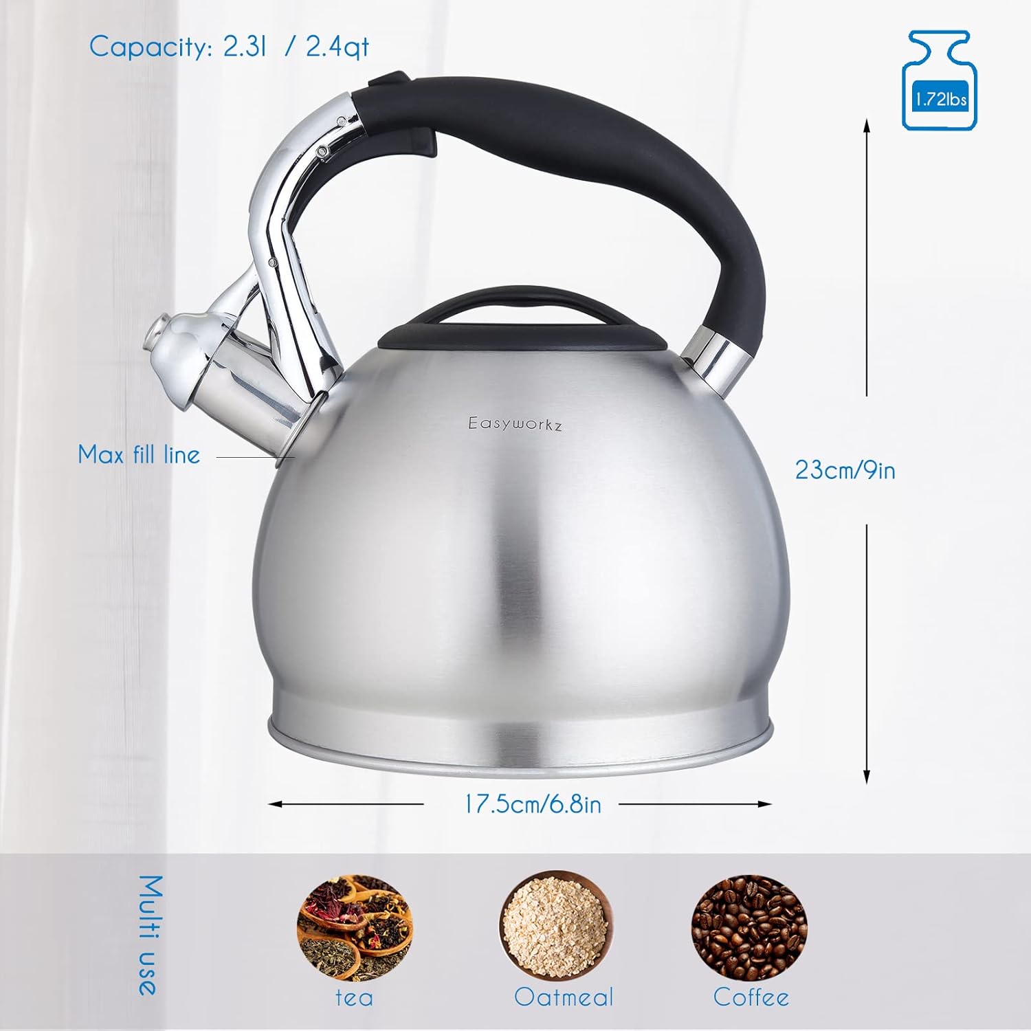 Easyworkz Whistling Tea Kettle – Stainless Steel Stove Top Kettle with Loud Whistle, 2.3L