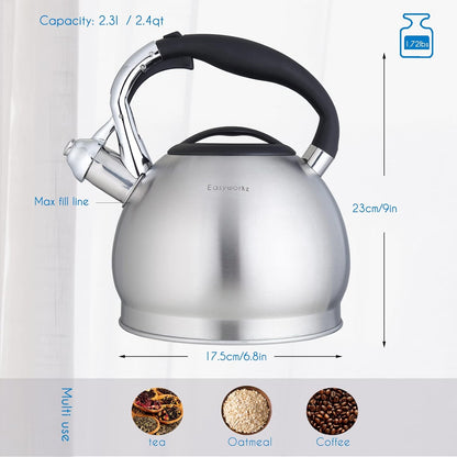 Easyworkz Whistling Tea Kettle – Stainless Steel Stove Top Kettle with Loud Whistle, 2.3L