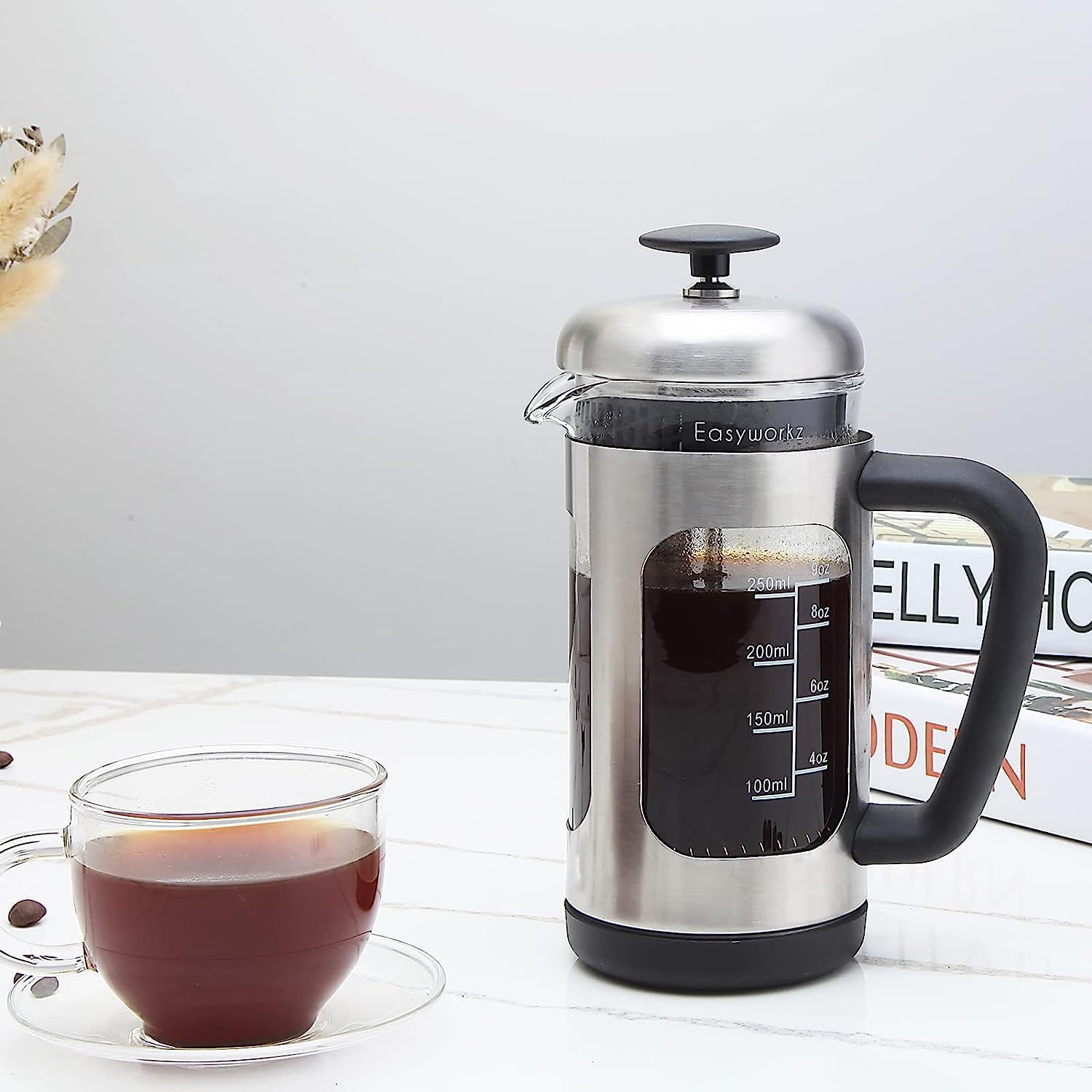 Easyworkz French Press Coffee &amp; Tea Maker – Stainless Steel Frame, Heat-Resistant Glass, Soft Grip Handle, 350ml (3 Cups), Silver