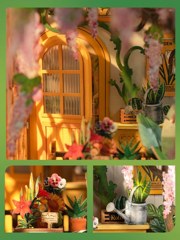 Rolife Flower Shop Book Nook Kit | DIY Wooden Miniature Dollhouse with LED Light
