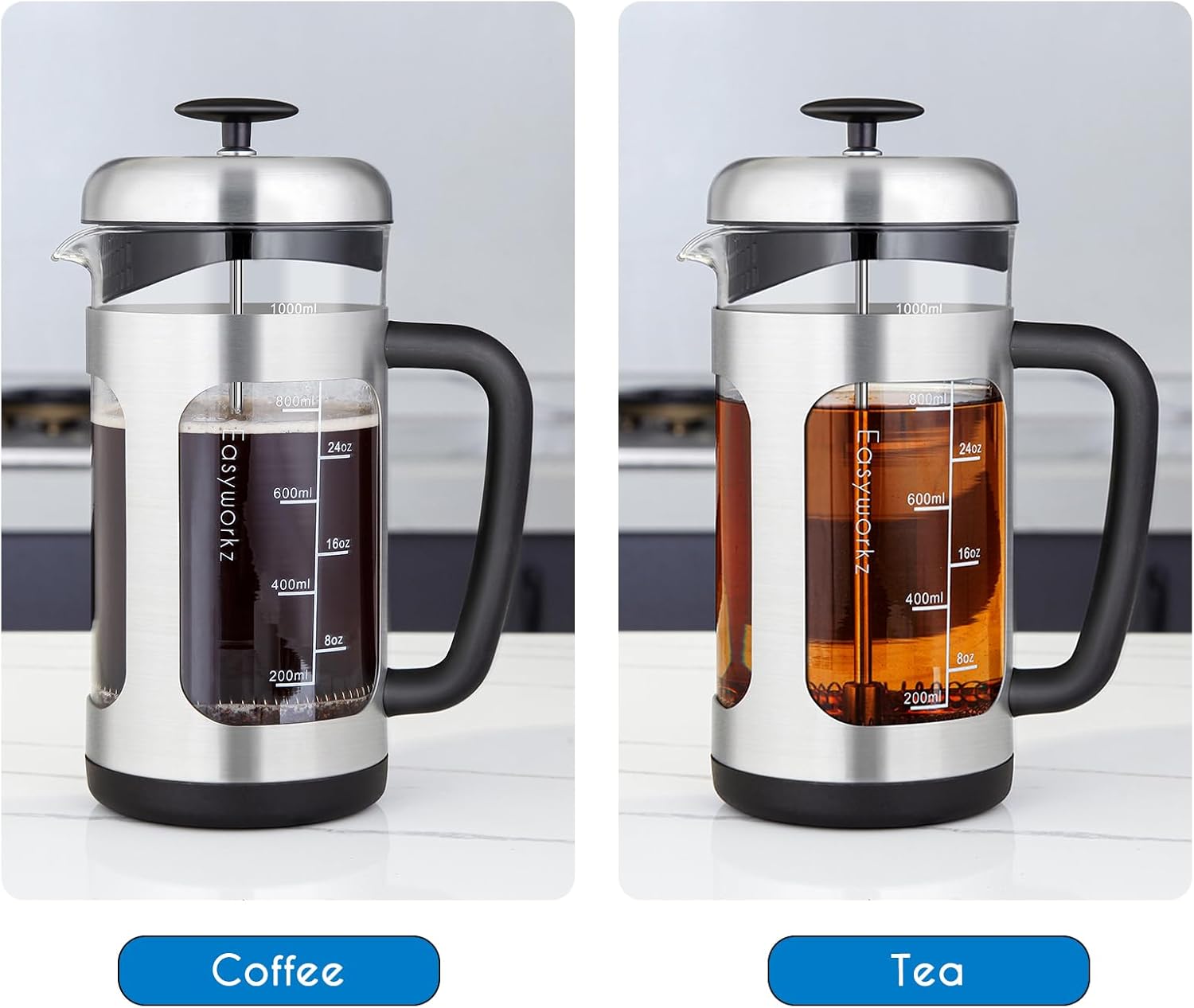 Easyworkz French Press Coffee &amp; Tea Maker – Stainless Steel Frame, Heat-Resistant Glass, Soft Grip Handle, 1000ml (8 Cups), Silver