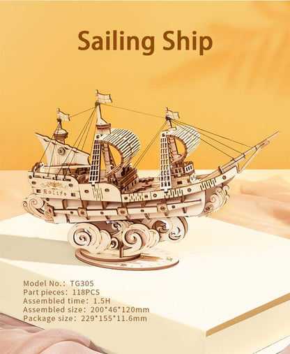 ROBOTIME Sailing Ship TG305 3D Wooden Puzzle – DIY Craft Model Kit, Educational Toy for Kids &amp; Adults