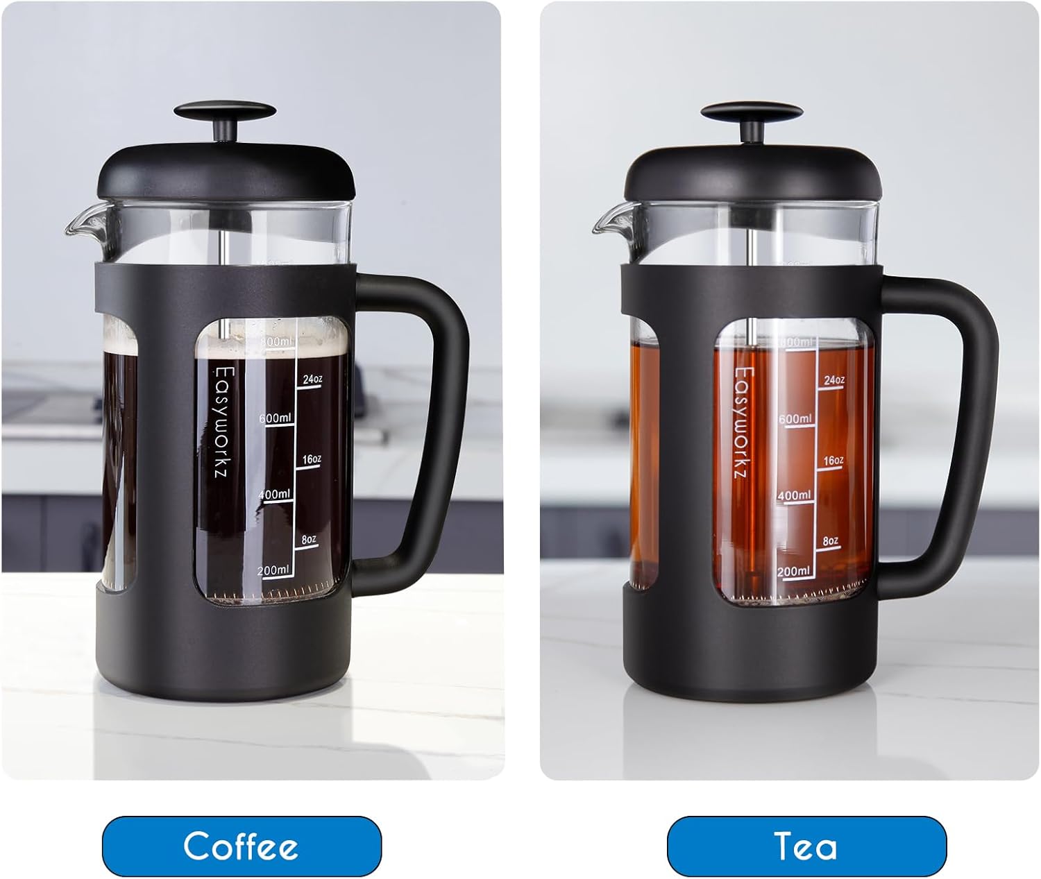 Easyworkz French Press Coffee &amp; Tea Maker – Heat-Resistant Glass, Soft Grip Handle, 1000ml (8 Cups), Black