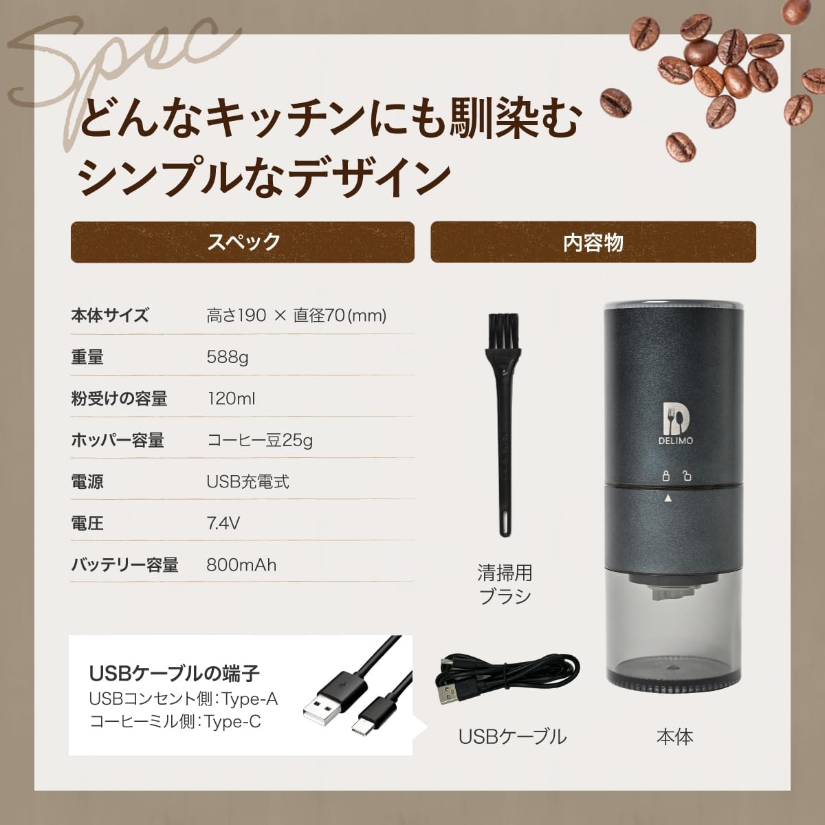 Delimo Cordless Burr Coffee Grinder – USB Rechargeable Conical Stainless Steel Mill for Espresso, Washable, One-Year Warranty
