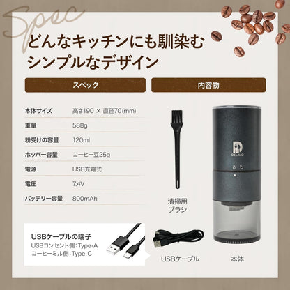 Delimo Cordless Burr Coffee Grinder – USB Rechargeable Conical Stainless Steel Mill for Espresso, Washable, One-Year Warranty