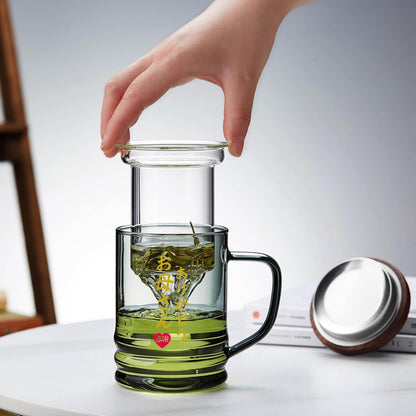 Pocaroty Heat-Resistant Glass Tea Mug – 430ml with Infuser &amp; Wooden Lid