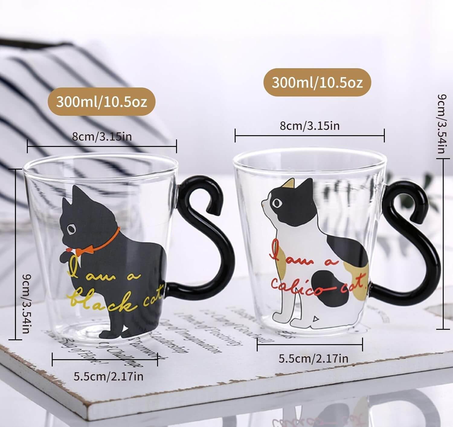 Neko Cat Heat-Resistant Glass Mug Set – 300ml 2-Piece Couple Cups