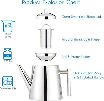Easyworkz Stainless Steel Teapot with Tea Infuser – Silver, 800ml