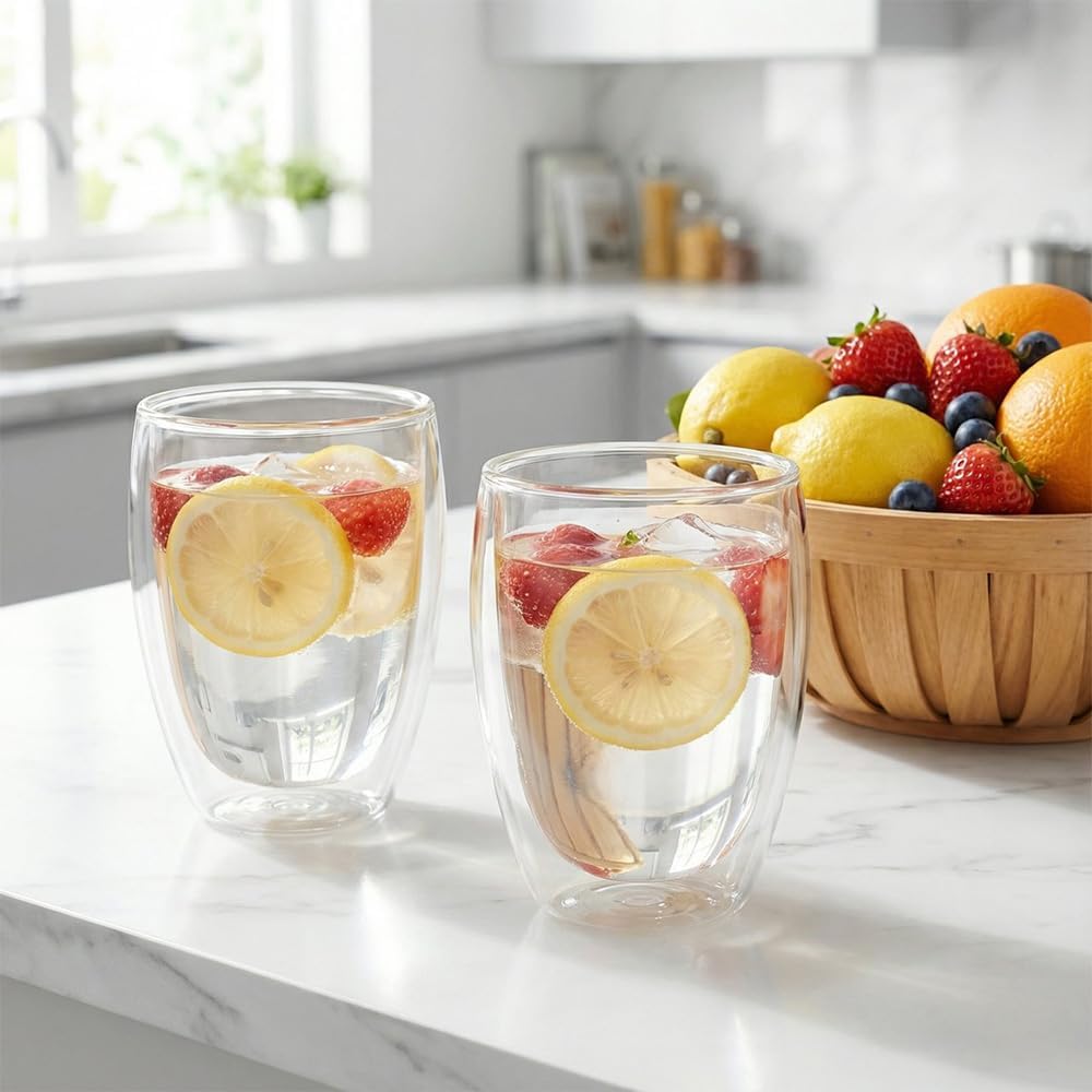 Pocarati Double Wall Glass Cups – 400ml Set of 2 Insulated Heat-Resistant Tumblers