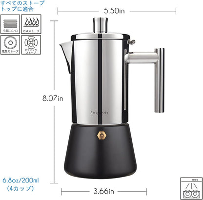 Easyworkz Diego 4-Cup Black Stainless Steel Moka Pot – Italian Espresso Maker, Induction Compatible, 200ml