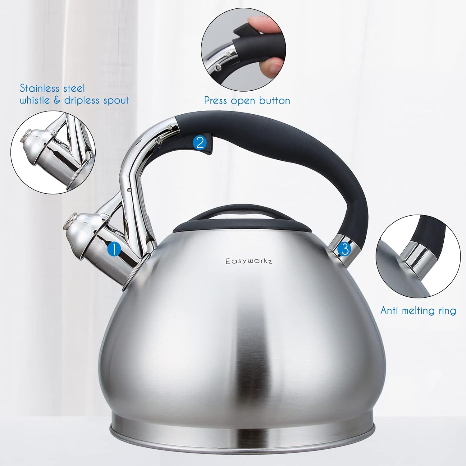 Easyworkz Whistling Tea Kettle – Stainless Steel Stove Top Kettle with Loud Whistle, 2.3L