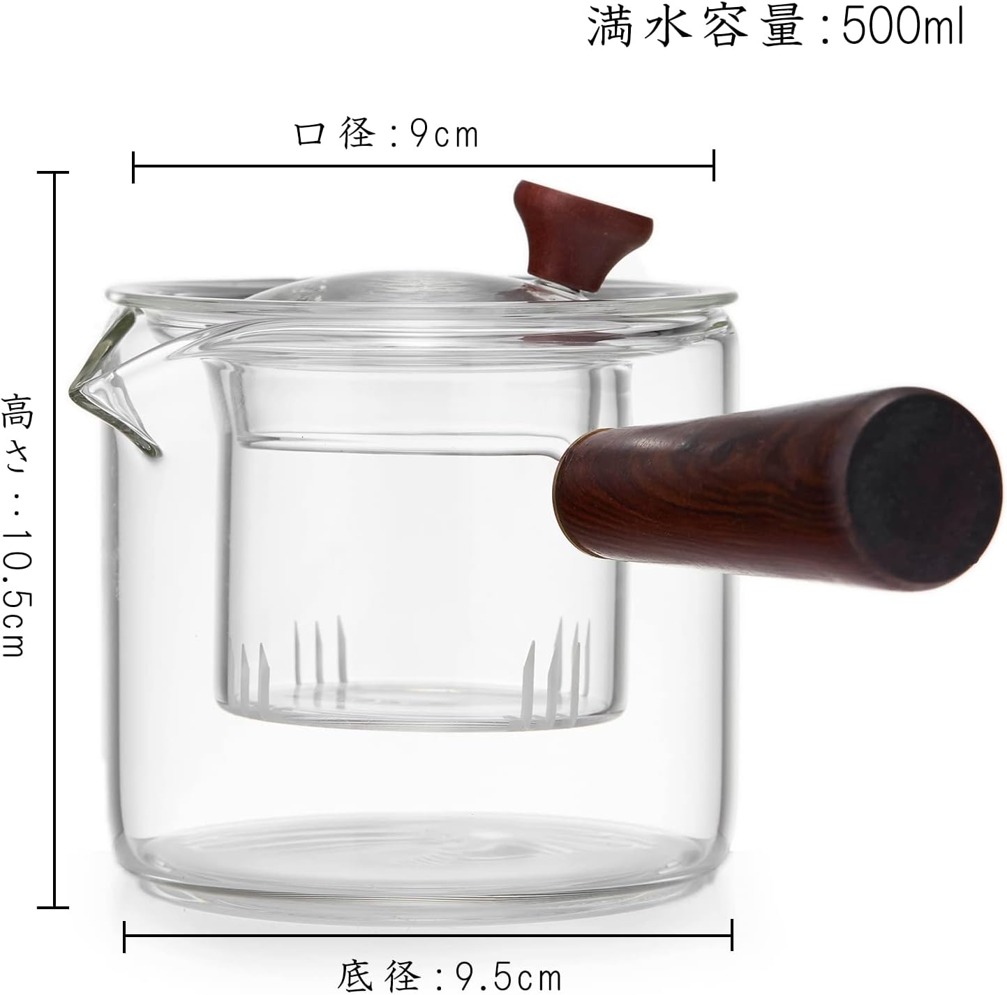 Pocarati Heat-Resistant Glass Teapot 500ml – Side Wooden Handle, Direct Flame Safe, with Glass Tea Strainer