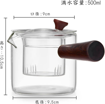 Pocarati Heat-Resistant Glass Teapot 500ml – Side Wooden Handle, Direct Flame Safe, with Glass Tea Strainer