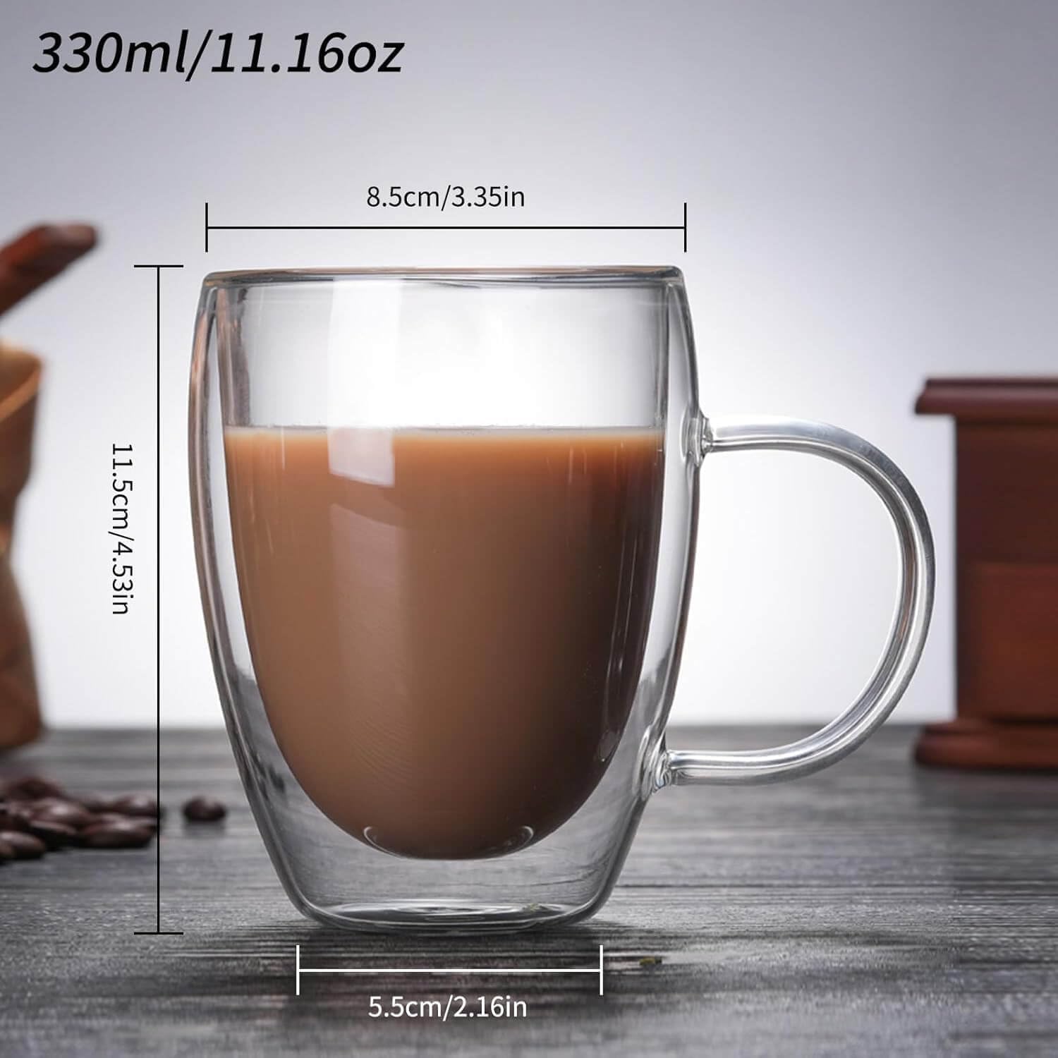 Pokaloti Double Wall Glass Cups with Handles – 330ml Set of 2 Heat-Resistant Mugs