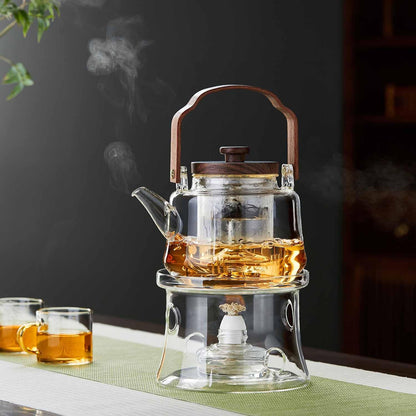 Pocarati Heat-Resistant Glass Teapot 1090ml – Wooden Handle, Tea Strainer, Direct Flame Safe