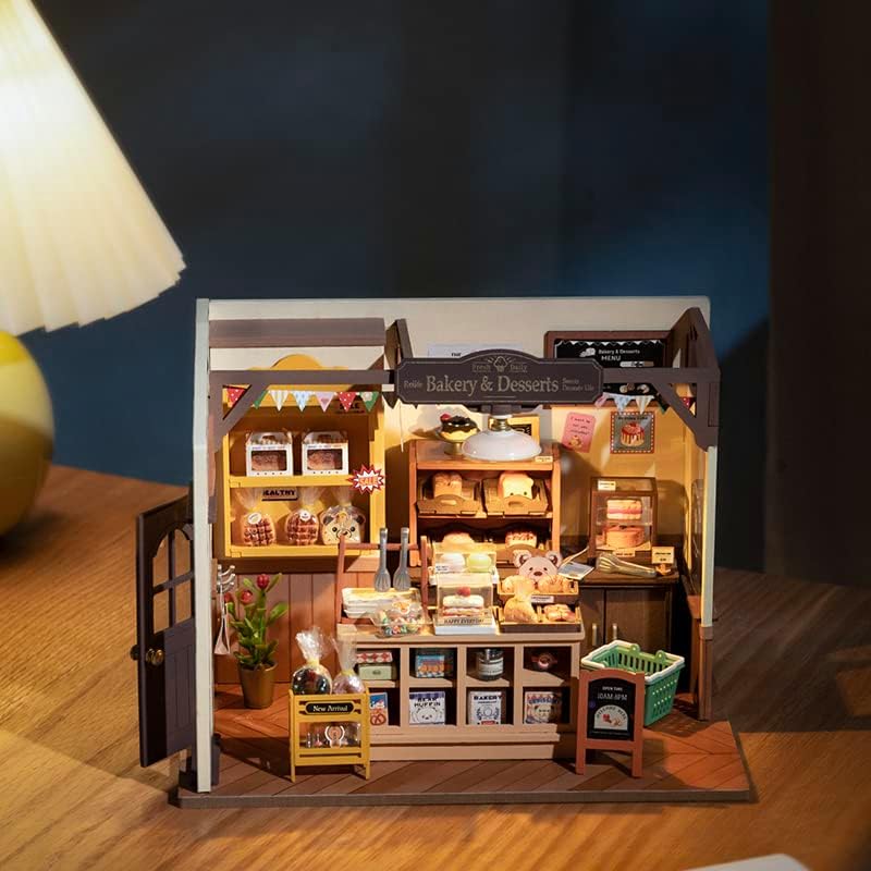 Rolife Becca’s Baking House Miniature Kit | DIY Wooden Bakery Dollhouse with LED Craft Puzzle