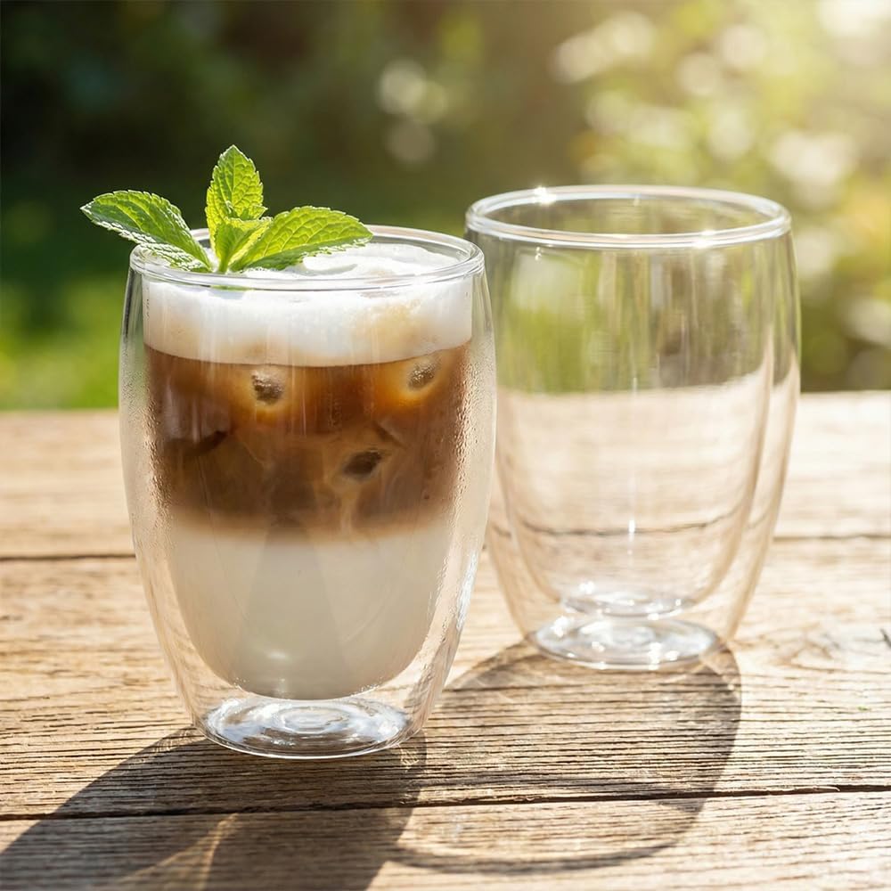 Pocarati Double Wall Glass Cups – 400ml Set of 2 Insulated Heat-Resistant Tumblers