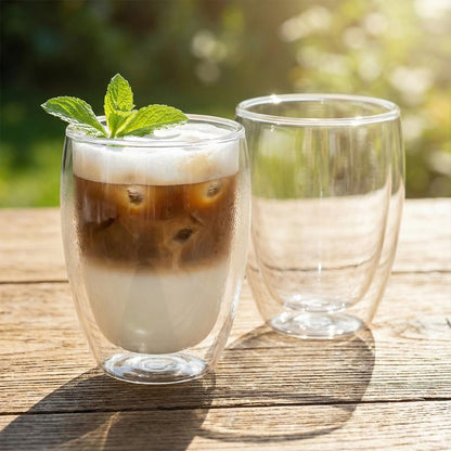 Pocarati Double Wall Glass Cups – 400ml Set of 2 Insulated Heat-Resistant Tumblers
