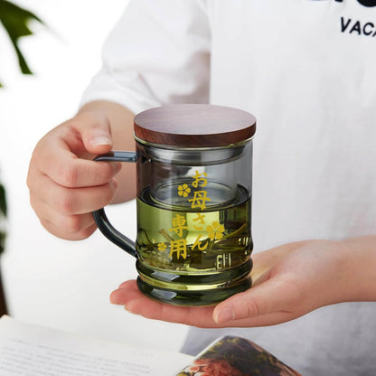 Pocaroty Heat-Resistant Glass Tea Mug – 430ml with Infuser &amp; Wooden Lid