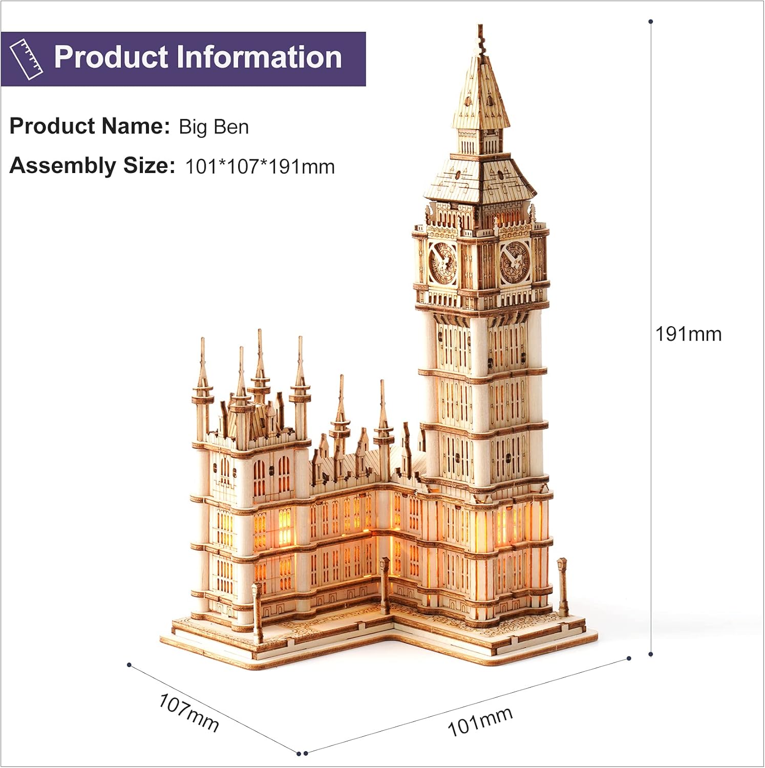 ROBOTIME Big Ben TG507 3D Wooden Puzzle – DIY Craft Model Kit, Educational Toy &amp; Gift for Kids and Adults