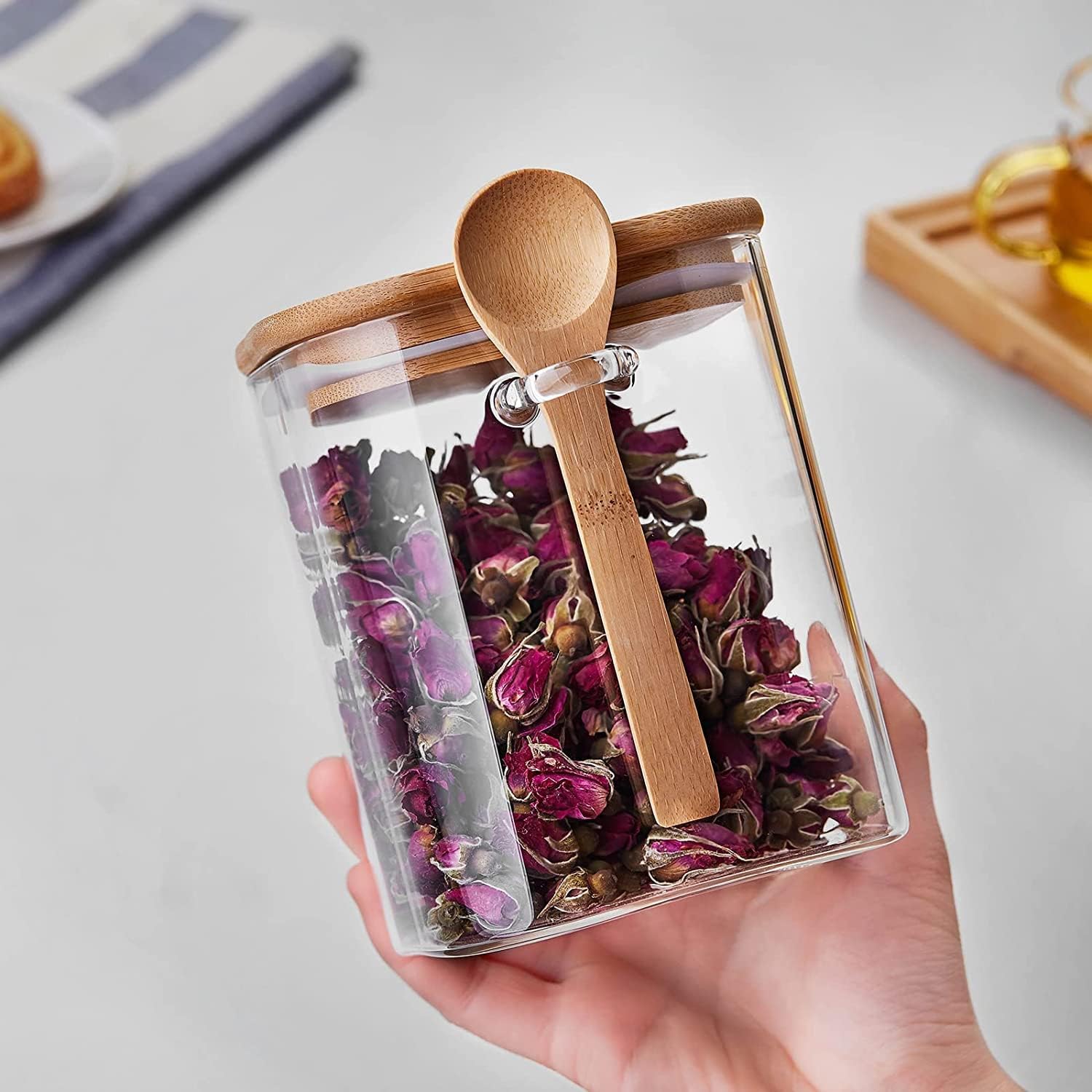Glass Storage Canisters – 1150ml Set of 2 with Airtight Bamboo Lids &amp; Spoons
