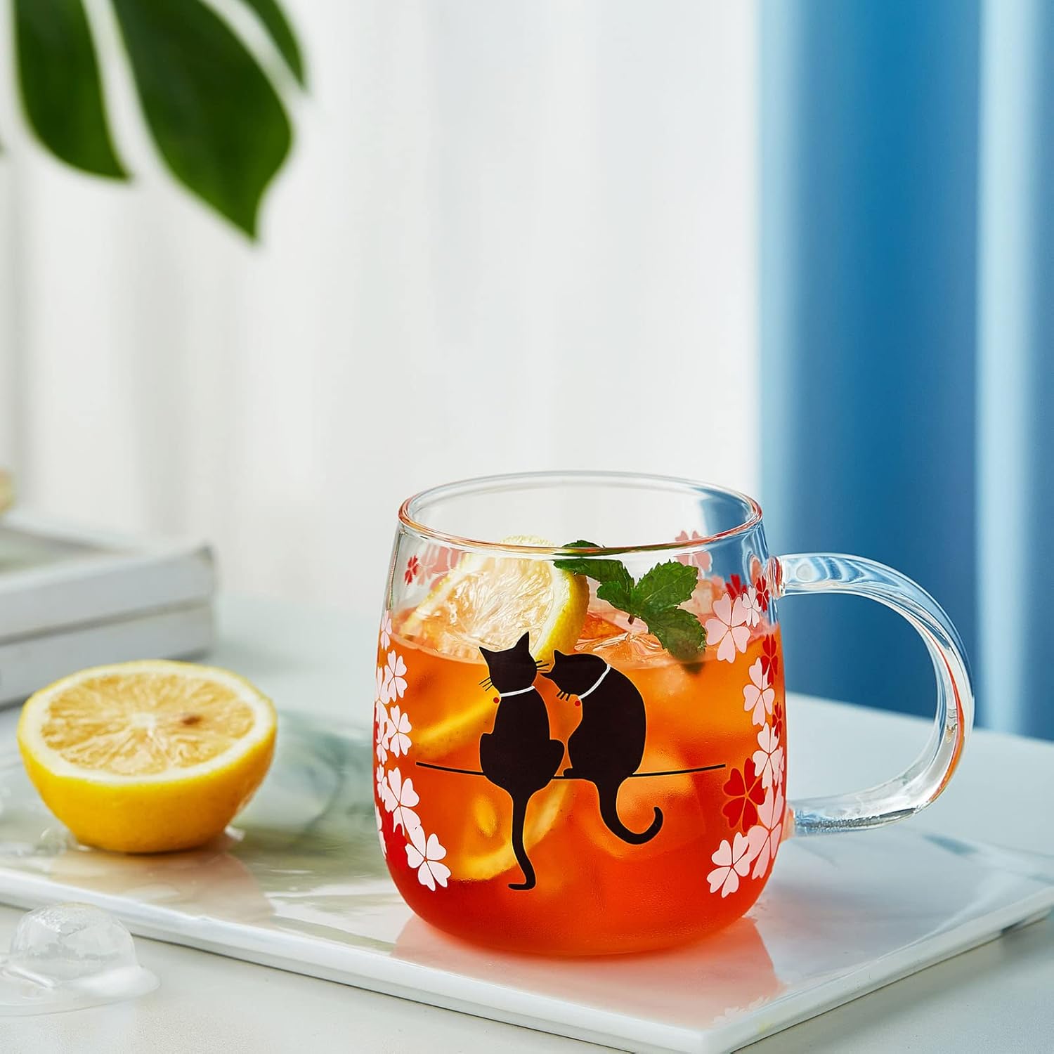 Heat-Resistant Glass Tea Strainer Mug – Cherry Blossom Color-Changing Cat Cup