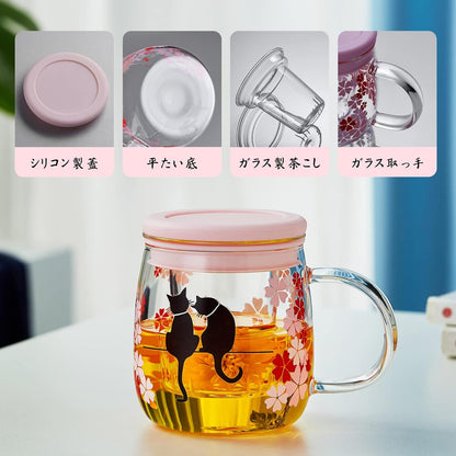 Heat-Resistant Glass Tea Strainer Mug – Cherry Blossom Color-Changing Cat Cup