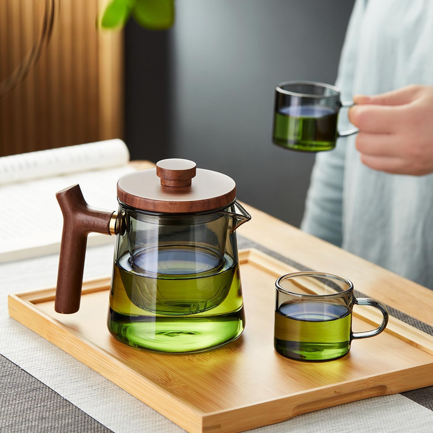 Heat-Resistant Glass Teapot 560ml – Ink Color Design, Wooden Handle &amp; Lid, Glass Strainer