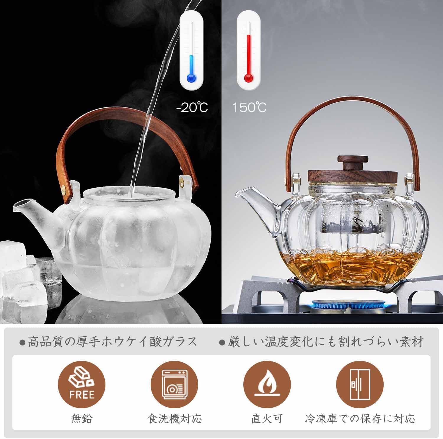 Heat-Resistant Glass Pumpkin Teapot 940ml – Vertical Stripe Design with Tea Strainer &amp; Wooden Handle