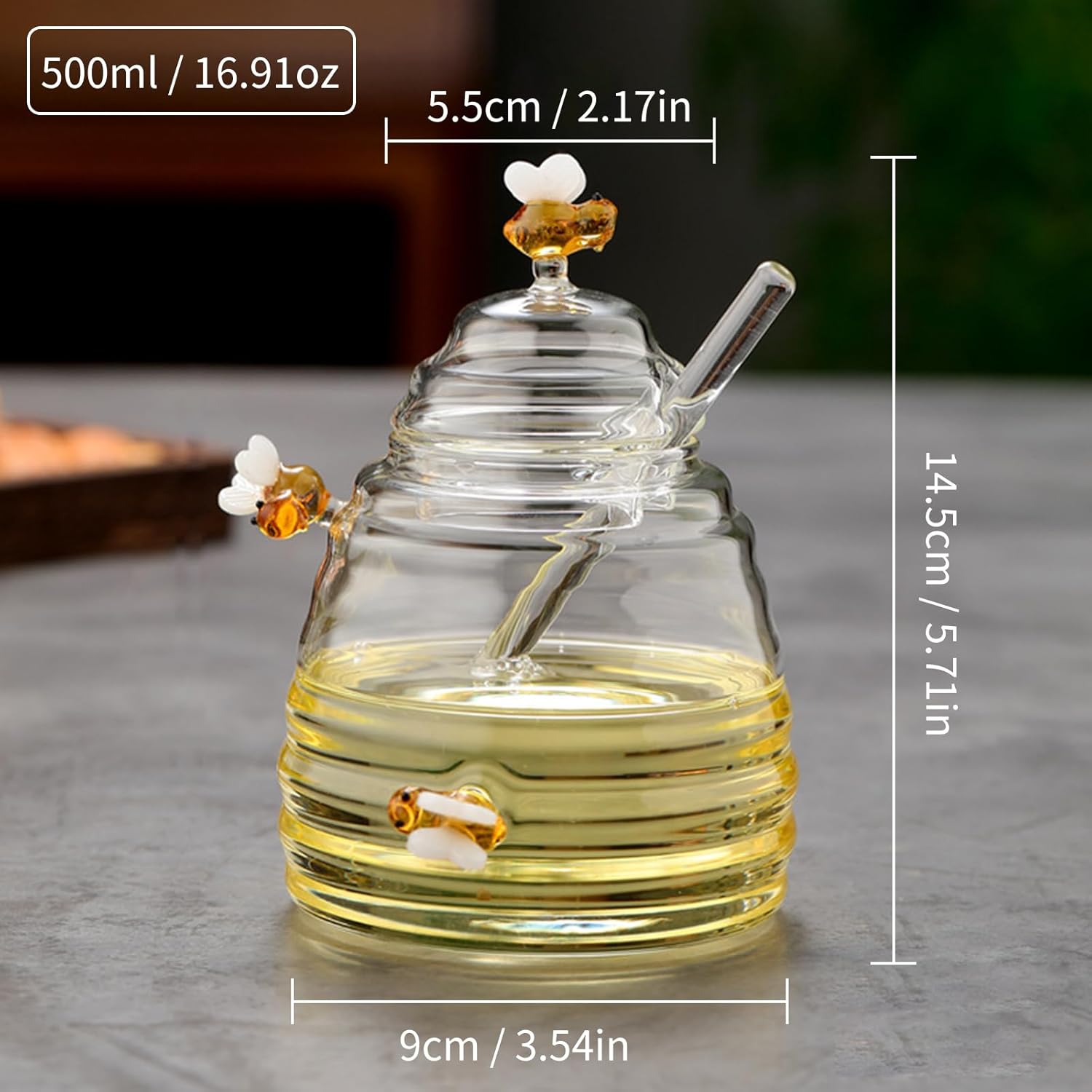 Pocarati Honey Pot with Dipper – 520ml Heat-Resistant Glass Jar with Lid