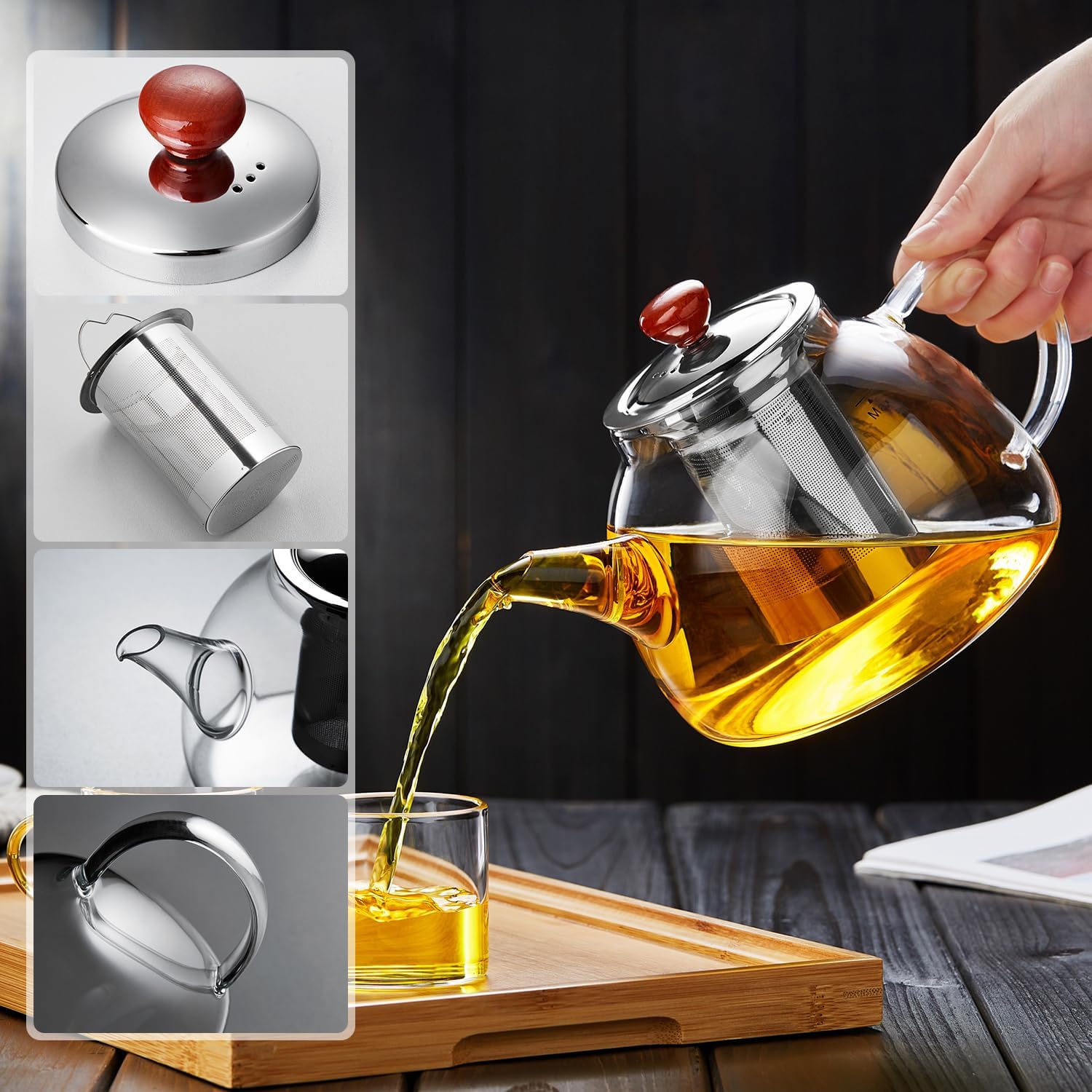 Pocaro Glass Teapot 1300ml – Large Capacity Direct Fire Safe with Stainless Steel Infuser
