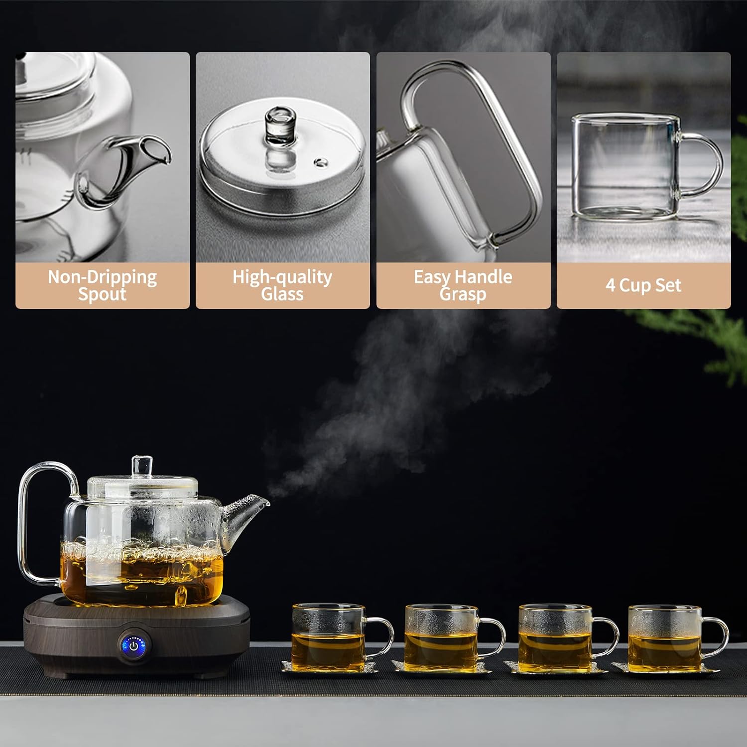 1050ml Glass Teapot Set with 4 Cups – Borosilicate Tea Maker with Removable Infuser, Stove Safe