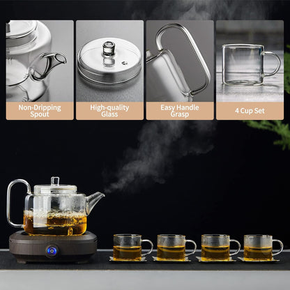 1050ml Glass Teapot Set with 4 Cups – Borosilicate Tea Maker with Removable Infuser, Stove Safe