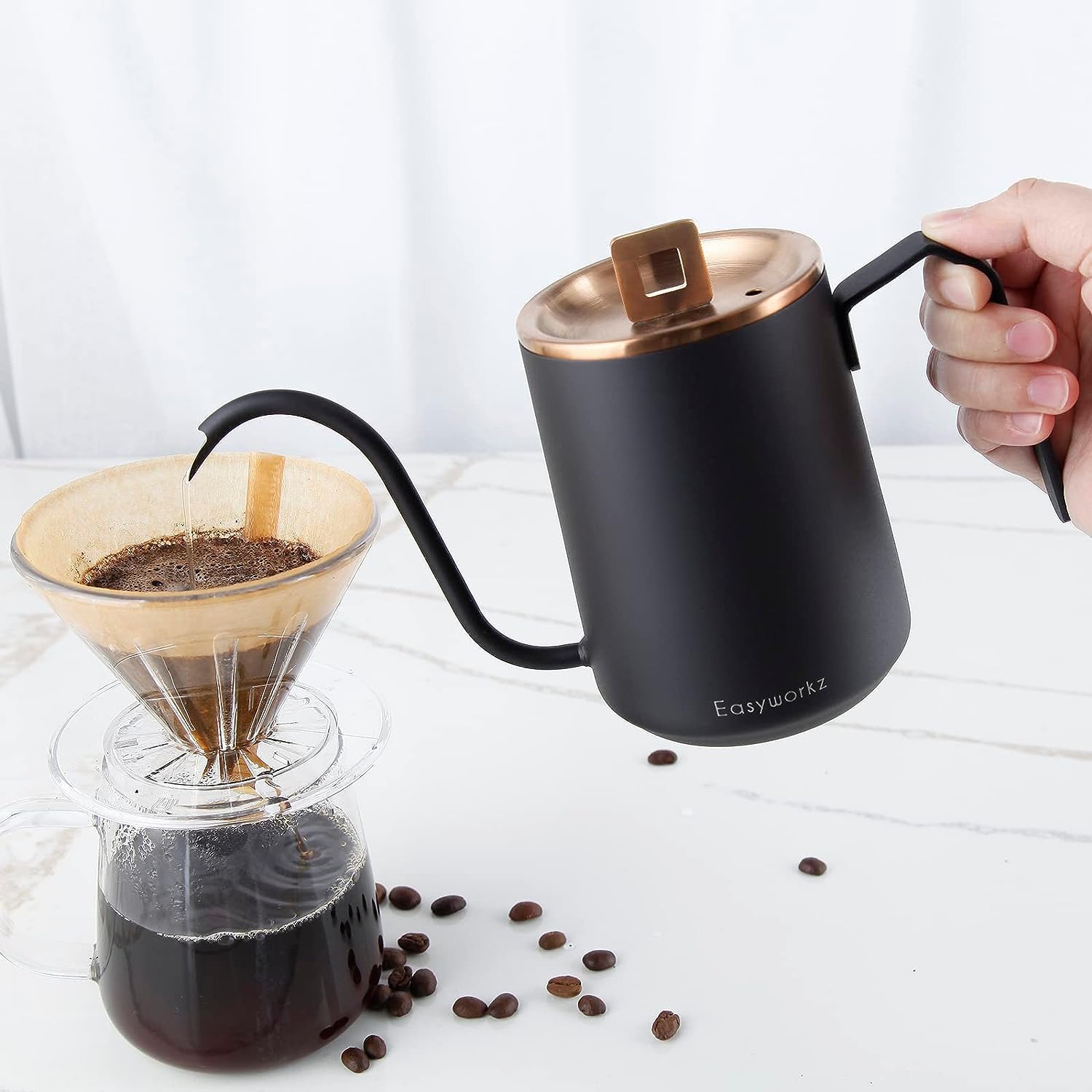 Easyworkz Gooseneck Kettle – Stainless Steel Hand Drip Coffee Pot with Long Spout, Rose Gold &amp; Black, 600ml
