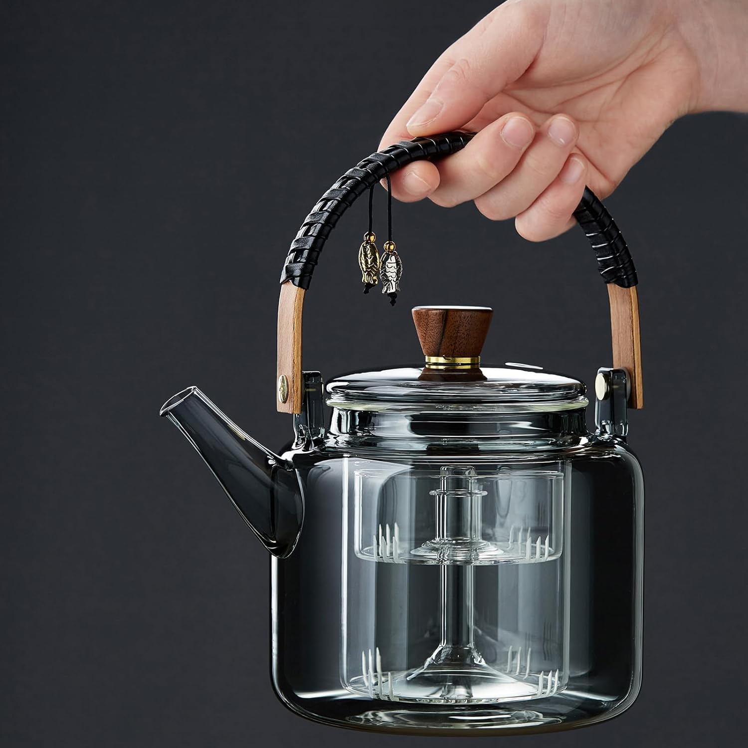 Pisces Heat-Resistant Glass Teapot 1090ml – Direct Fire Safe with Glass Strainer &amp; Bamboo Handle