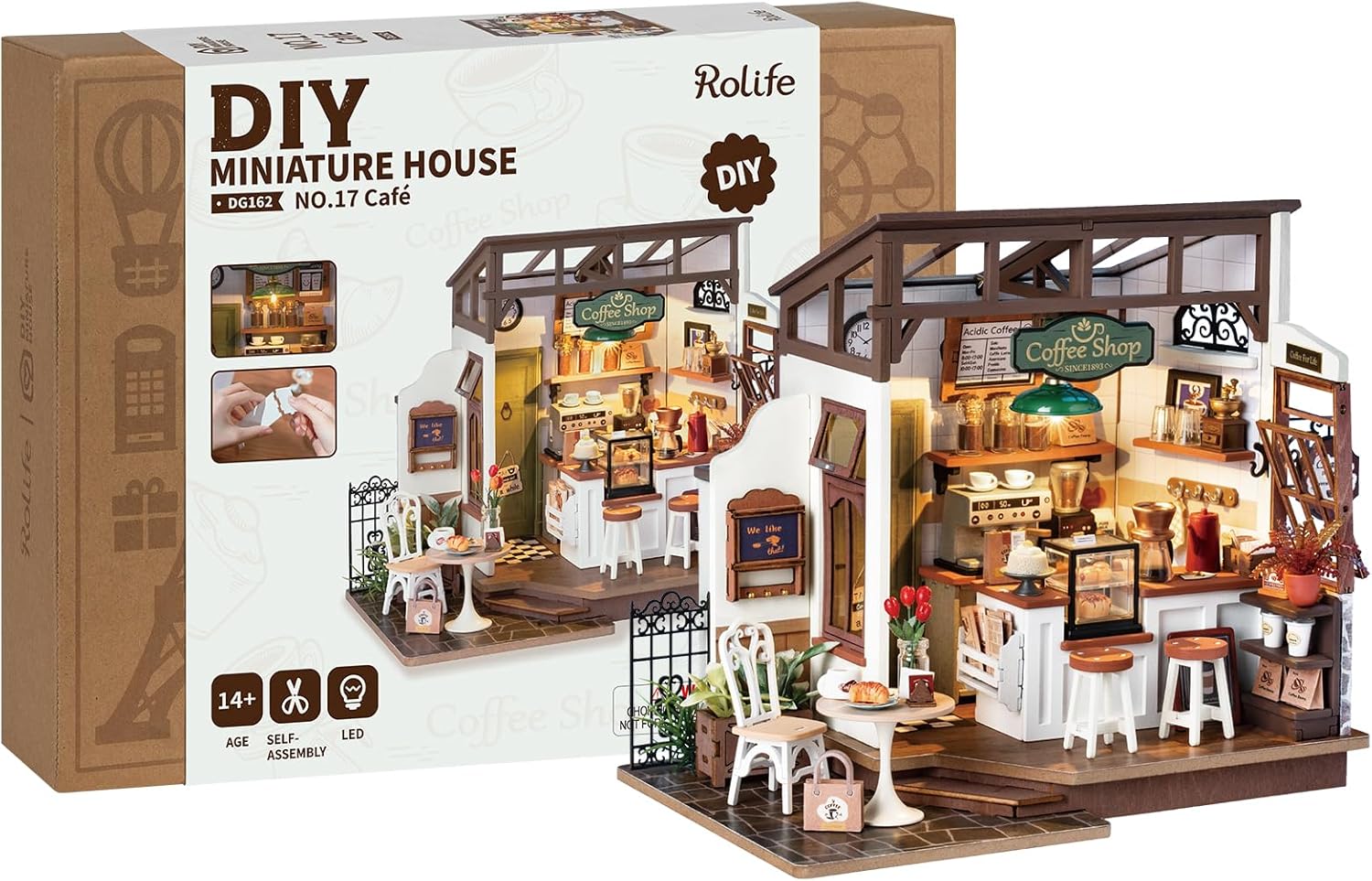 Rolife Café Miniature House Kit NO.17 | DIY Wooden Coffee Shop Dollhouse with LED Light